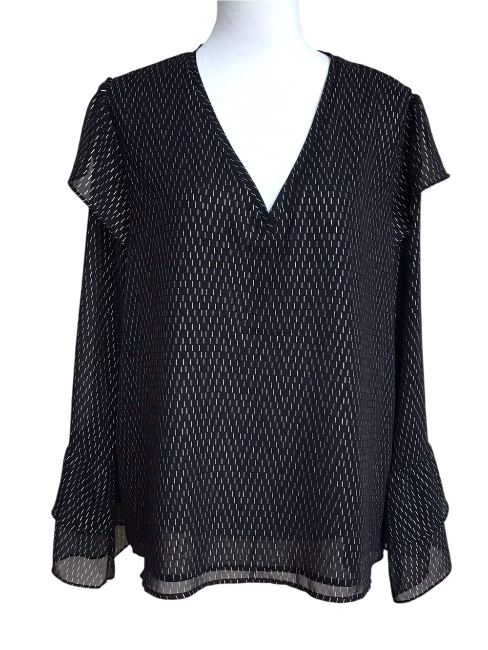 A New Day Black and Gold Metallic Dotted V Neck Blouse NEW
